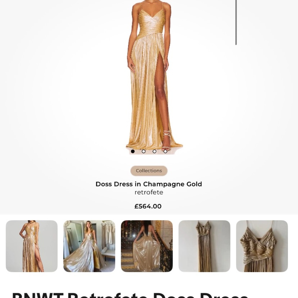 Retrofete Doss Dress Gold Metallic Ruched V-Neck Gown with Thigh Slit - Picture 5 of 10